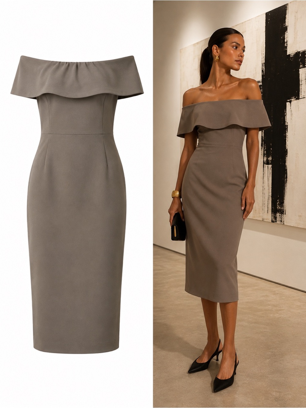 Aritzia Babaton Ruslan Taupe Off Shoulder Stretch Ponte Midi Dress Size 6